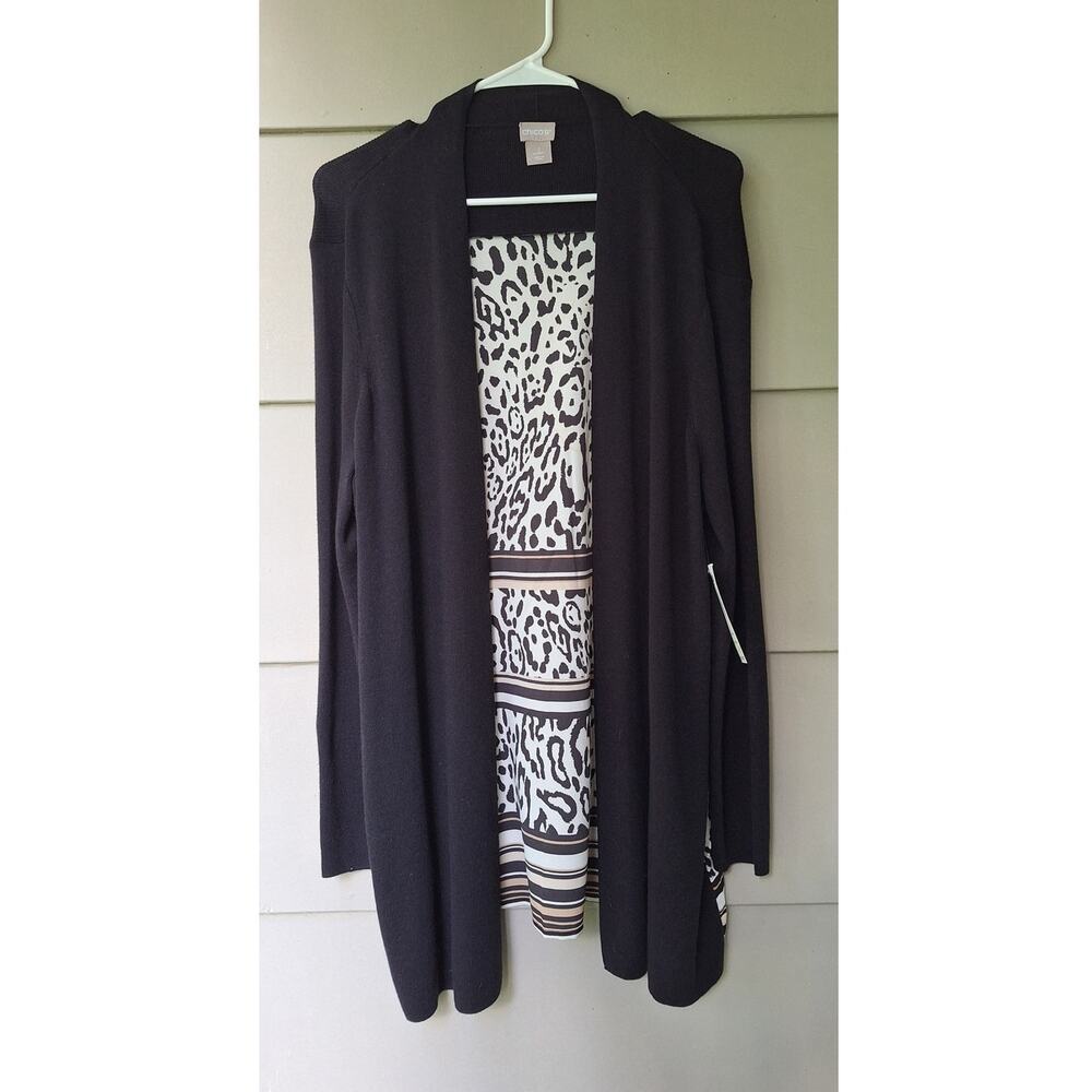Chico's Open cardigan Knit Black Lightweight Animal Print back Cheetah Size 2 =L